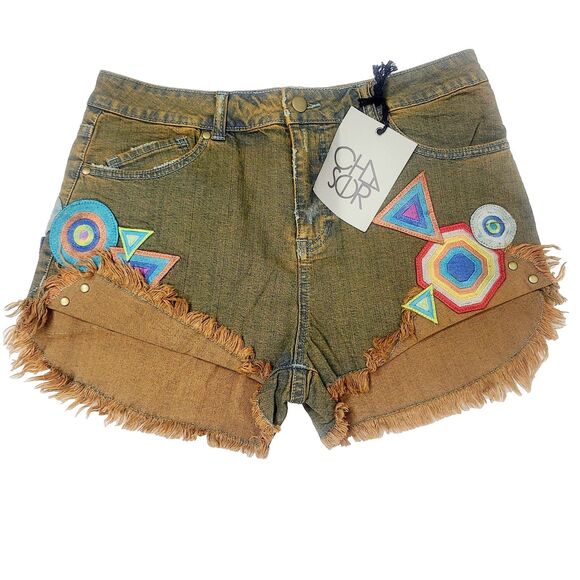 NEW Chaser Jean Shorts 30 Brown Wash‎ Over Blue Embroidered Patches Raw Hem High - Picture 1 of 13